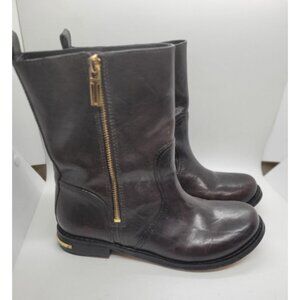 Tory Burch Elyse Dark Brown Leather Mid Calf Boots Gold Zipper Heel Accent